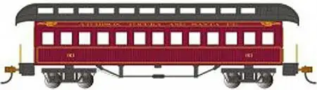Bachmann 15104 HO Scale Old-Time Wood Coach with Round-End Clerestory Roof - Ready to Run -- Atchison, Topeka & Santa Fe #93 (Boxcar Red, black)