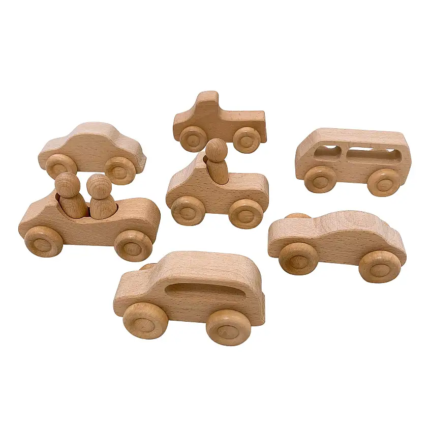 7 Pcs Natural Wooden Cars Set With 3 Pcs Peg Dolls