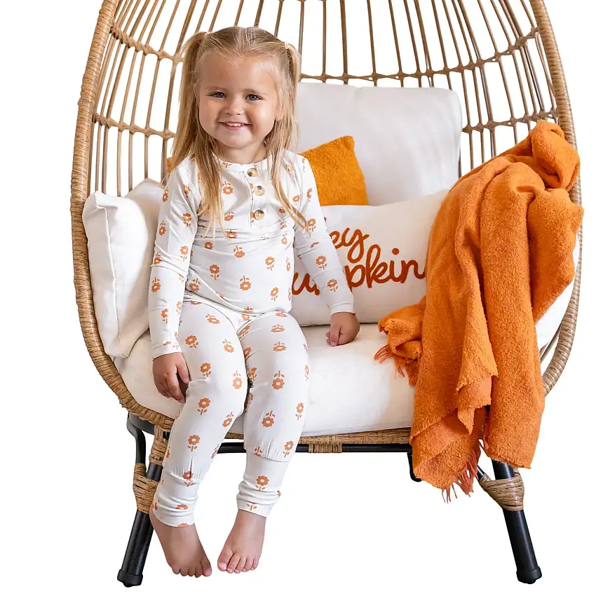 Pumpkin Posie Bamboo Pajamas For Kids - 2pc Henley Set
