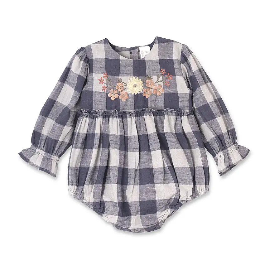 Buffalo Check Baby Girl Cotton Bodysuit With Embroidery