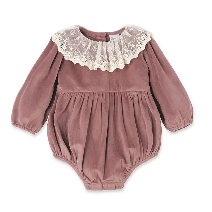 Mauve Velvet Baby Romper – Lace Collar Special Occasion