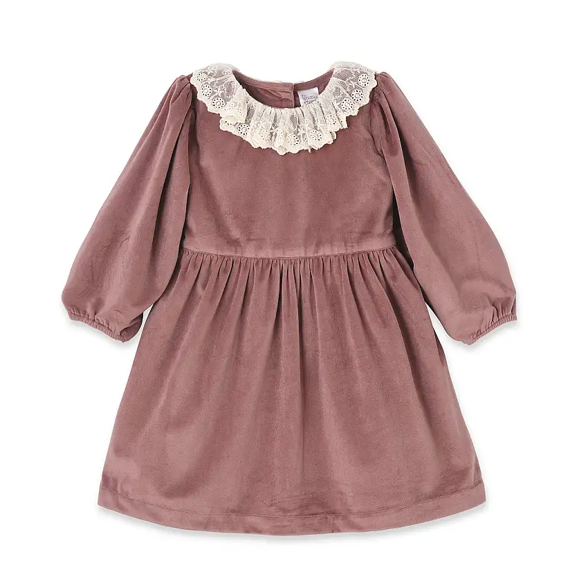 Mauve Velvet Girl's Dress – Lace Collar Special Occasion