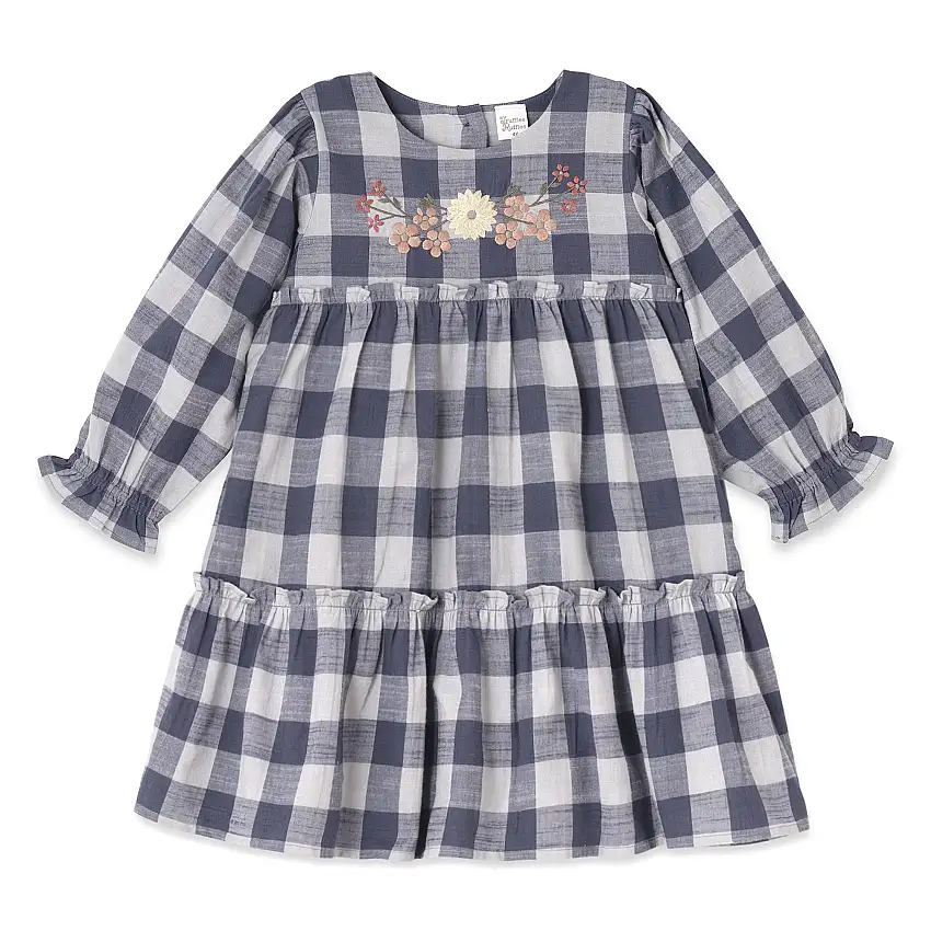 Buffalo Check Girls Cotton Dress With Floral Embroidery & Ruffles