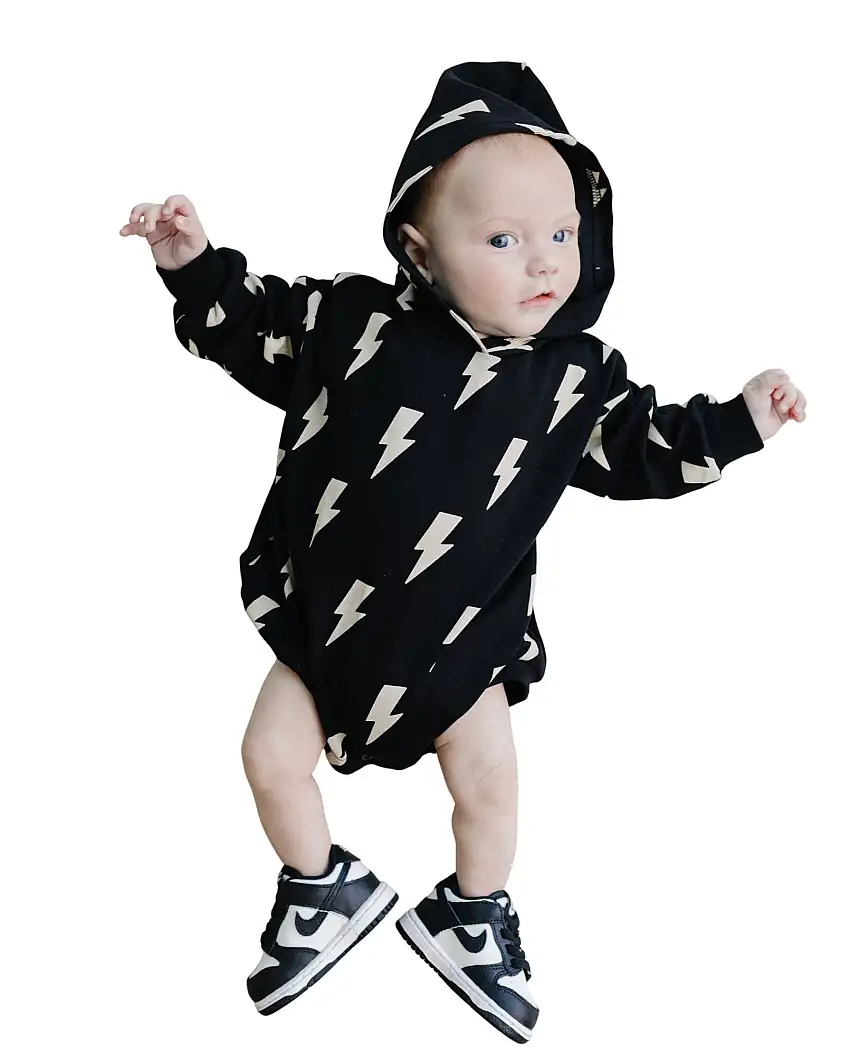 Hooded Bubble Romper | Black Bolts