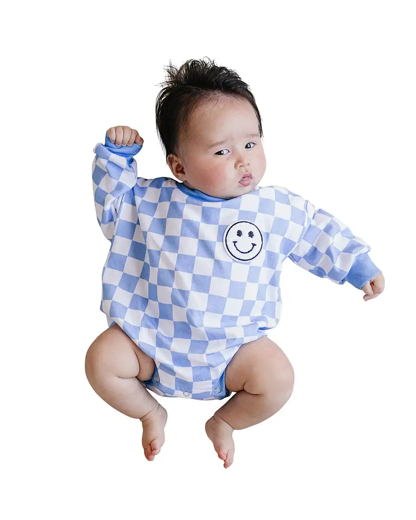 Bubble Romper | Checkered Smiley Blue