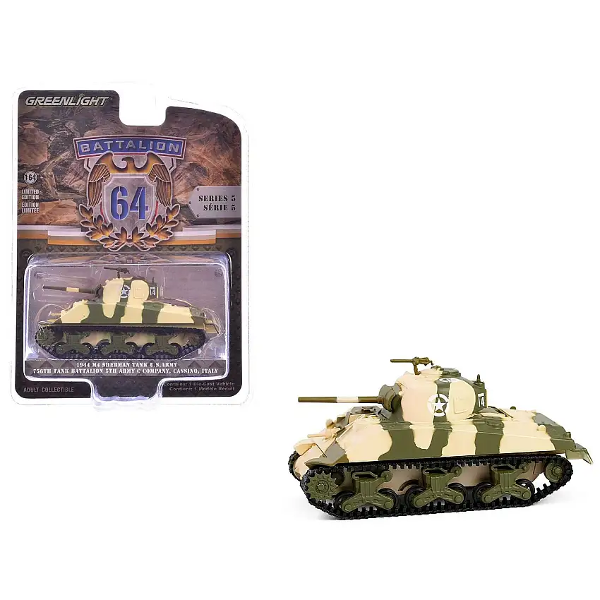 1944 M4 Sherman Tank "U.S. Army 756th Tank Battalion 5th Army C Company Cassino Italy" Camouflage "Battalion 64" Series 5 1/64 Diecast Model Car by Greenlight