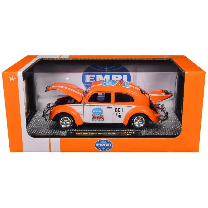 1952 Volkswagen Beetle Deluxe Model "EMPI Power Rules" Orange and White with Graphics Limited Edition to 6650 pieces Worldwide 1/24 Diecast Model Car by M2 Machines