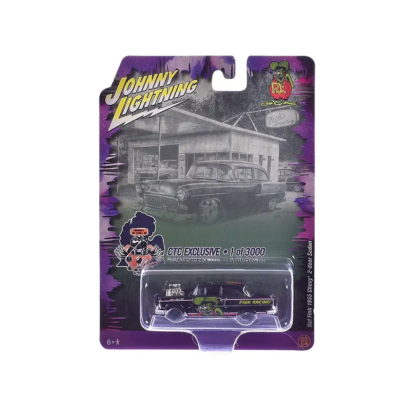 1955 Chevrolet 2-Door Sedan "Rat Fink Racing" Black with Graphics "CTC Exclusive" Series Limited Edition to 3000 pieces Worldwide 1/64 Diecast Model Car by Johnny Lightning