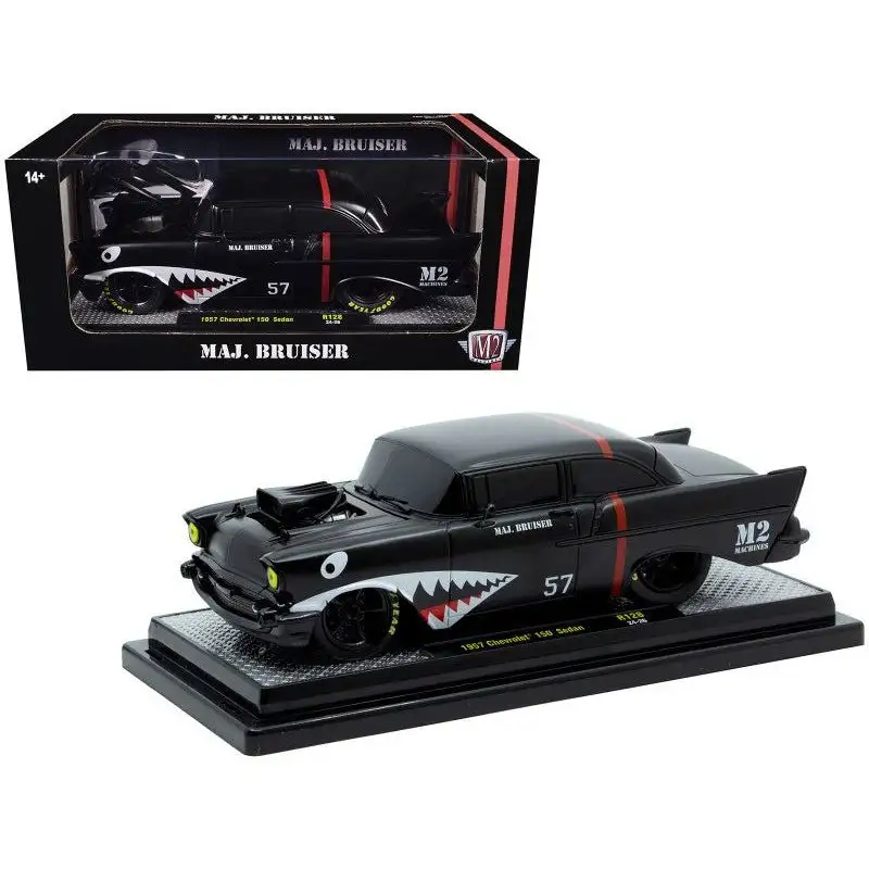 1957 Chevrolet 150 Sedan "Maj. Bruiser" Matt Black with Red Stripe and Shark Mouth Graphics Limited Edition to 6650 pieces Worldwide 1/24 Diecast Model Car by M2 Machines
