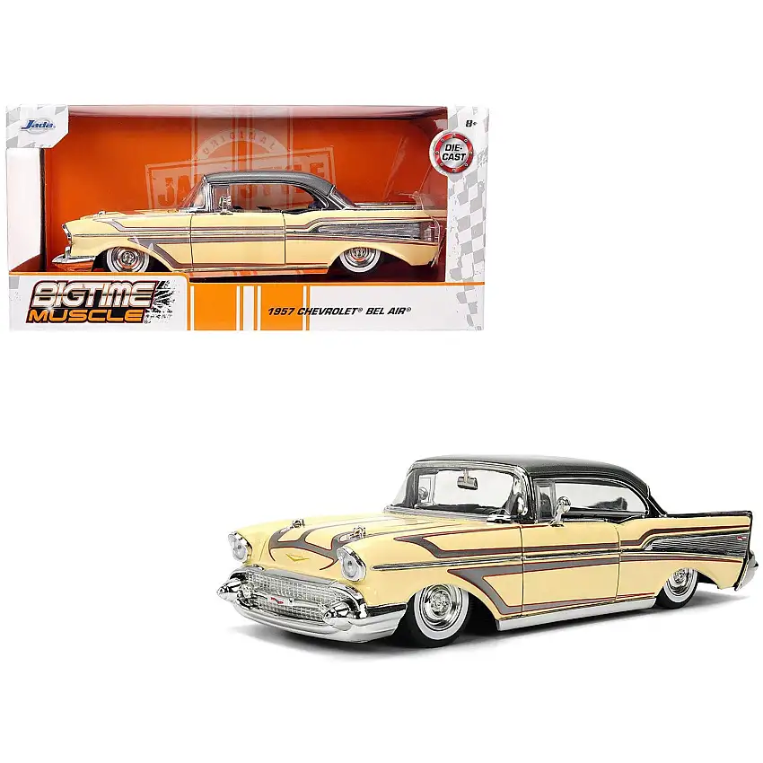 1957 Chevrolet Bel Air Cream with Graphics and Gray Metallic Top "Bigtime Muscle" Series 1/24 Diecast Model Car by Jada