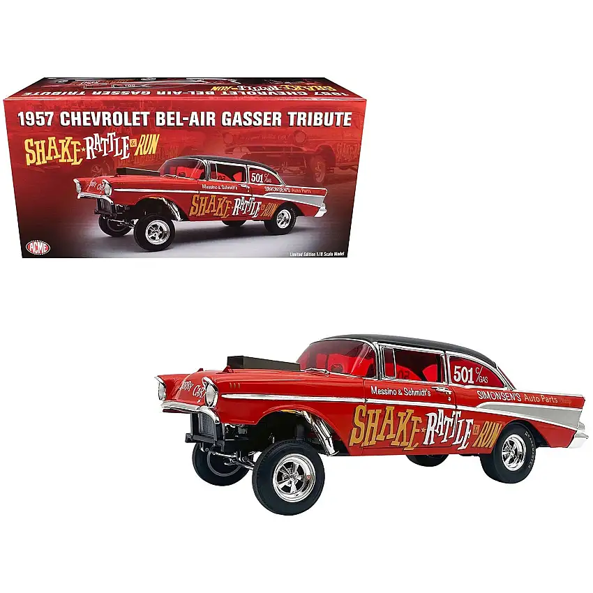 1957 Chevrolet Bel Air Gasser "Shake Rattle & Run Tribute" Red with Black Top and Graphics Limited Edition to 380 pieces Worldwide 1/18 Diecast Model Car by ACME