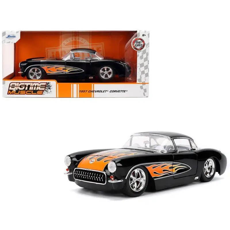 1957 Chevrolet Corvette Black with Flame Graphics and White Interior "Bigtime Muscle" Series 1/24 Diecast Model Car by Jada