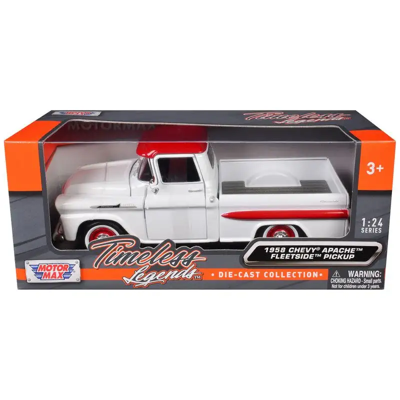 1958 Chevrolet Apache Fleetside Pickup Truck White with Red Top "Timeless Legends" Series 1/24 Diecast Model Car by Motormax