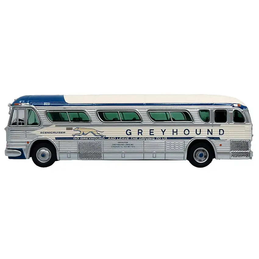 1959 GM PD4104 Motorcoach Bus "Greyhound" Silver and Cream with Blue Stripes "Vintage Bus & Motorcoach Collection" Limited Edition Limited Edition 1/87 (HO) Diecast Model by Iconic Replicas