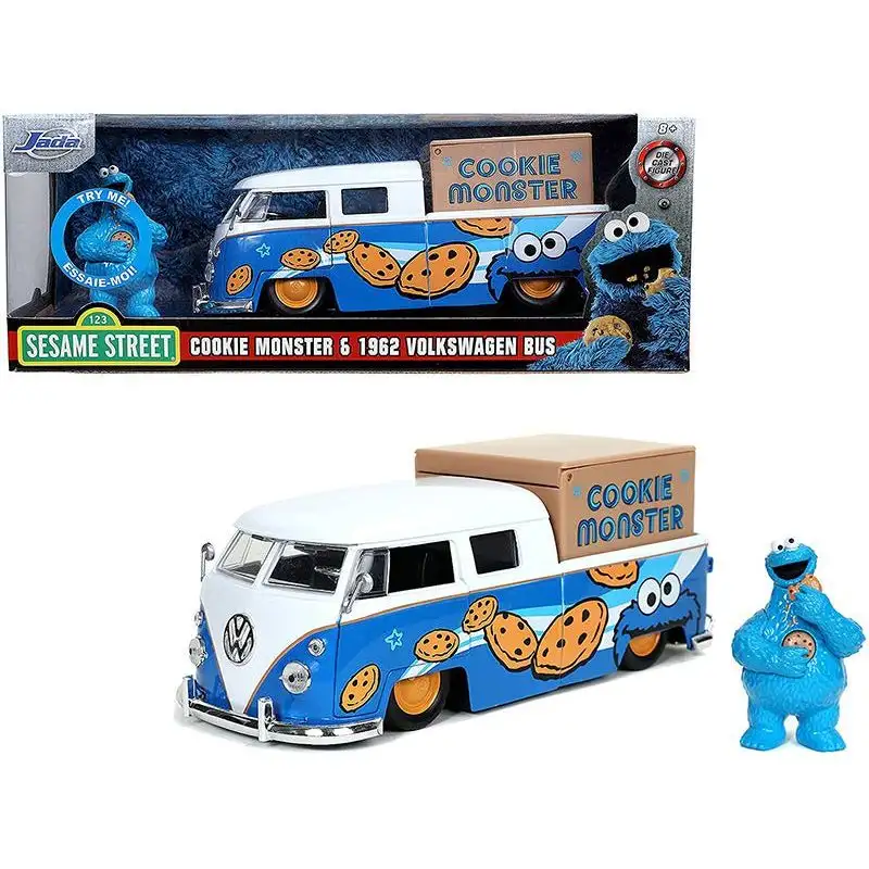 1962 Volkswagen Pickup Bus with Cookie Monster Diecast Figurine with Sound "Sesame Street" TV Series 1/24 Diecast Model Car by Jada
