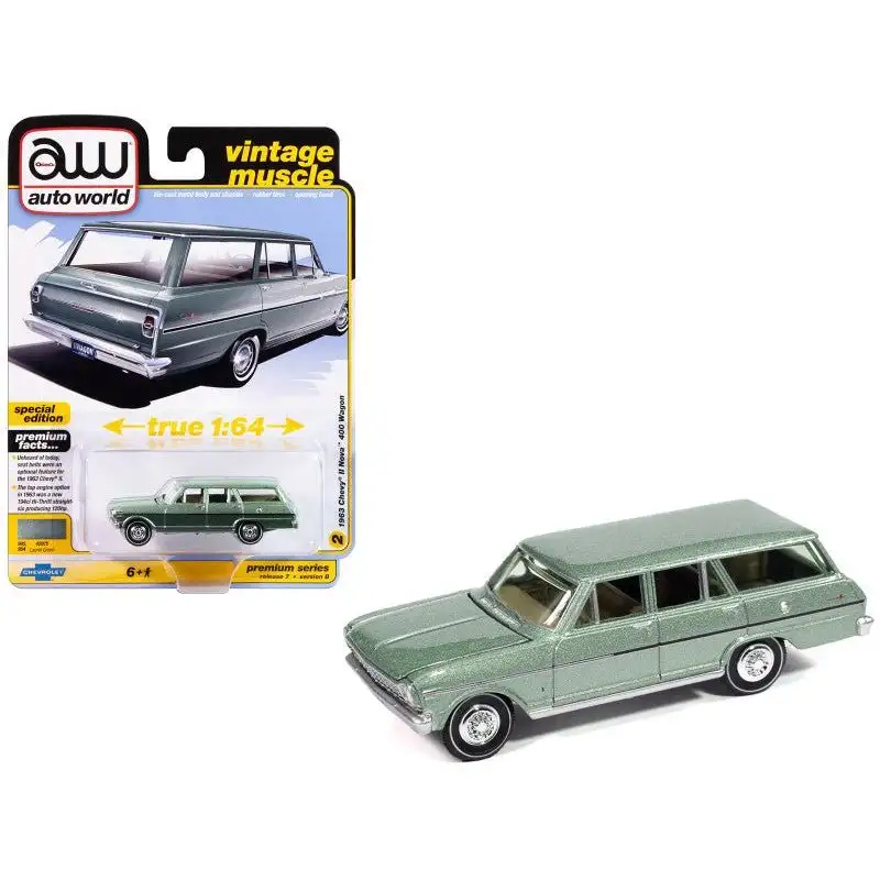 1963 Chevrolet II Nova 400 Wagon Laurel Green Metallic "Vintage Muscle" Series 1/64 Diecast Model Car by Auto World