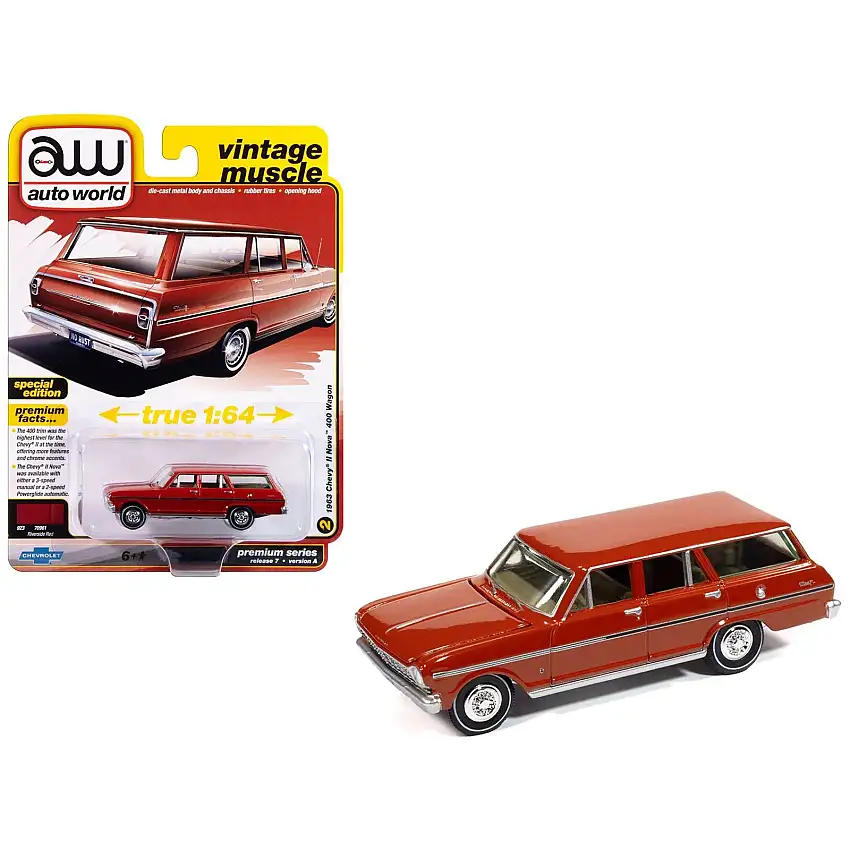 1963 Chevrolet II Nova 400 Wagon Riverside Red "Vintage Muscle" Series 1/64 Diecast Model Car by Auto World