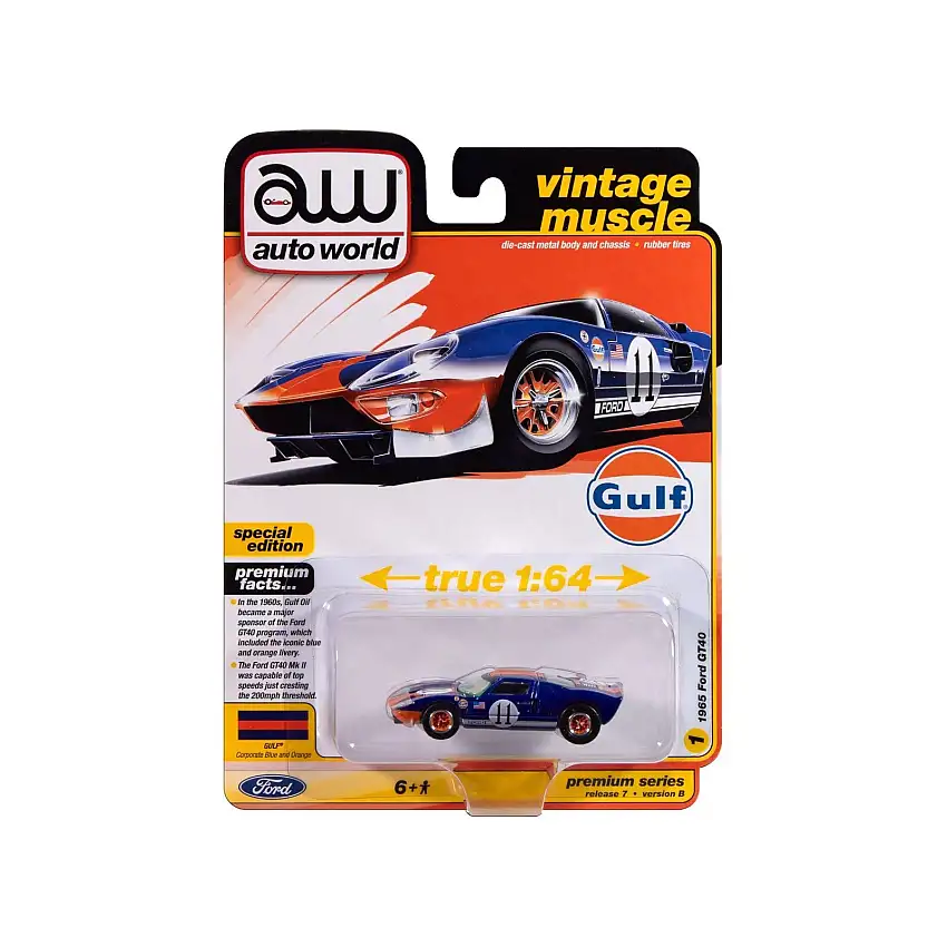 1965 Ford GT40 #11 "Gulf" Blue with Orange Stripe "Vintage Muscle" Series 1/64 Diecast Model Car by Auto World