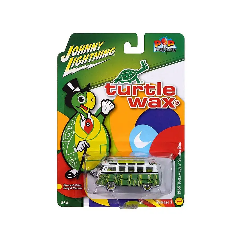 1965 Volkswagen Samba Bus "Turtle Wax" White and Green with Graphics "Pop Culture" 2025 Release 1 1/64 Diecast Model Car by Johnny Lightning