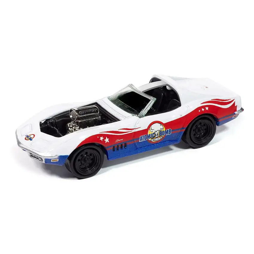 1969 Chevrolet Corvette "Atomic Bomb" White with Red and Blue Graphics "Stuntman Mike's Ride Along Racing" "Pop Culture" 2025 Release 1 1/64 Diecast Model Car by Johnny Lightning
