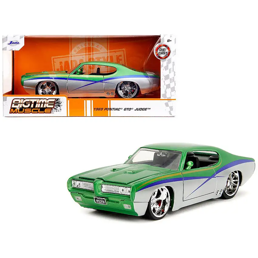 1969 Pontiac GTO Judge Green Metallic and Silver with Stripes "Bigtime Muscle" Series 1/24 Diecast Model Car by Jada