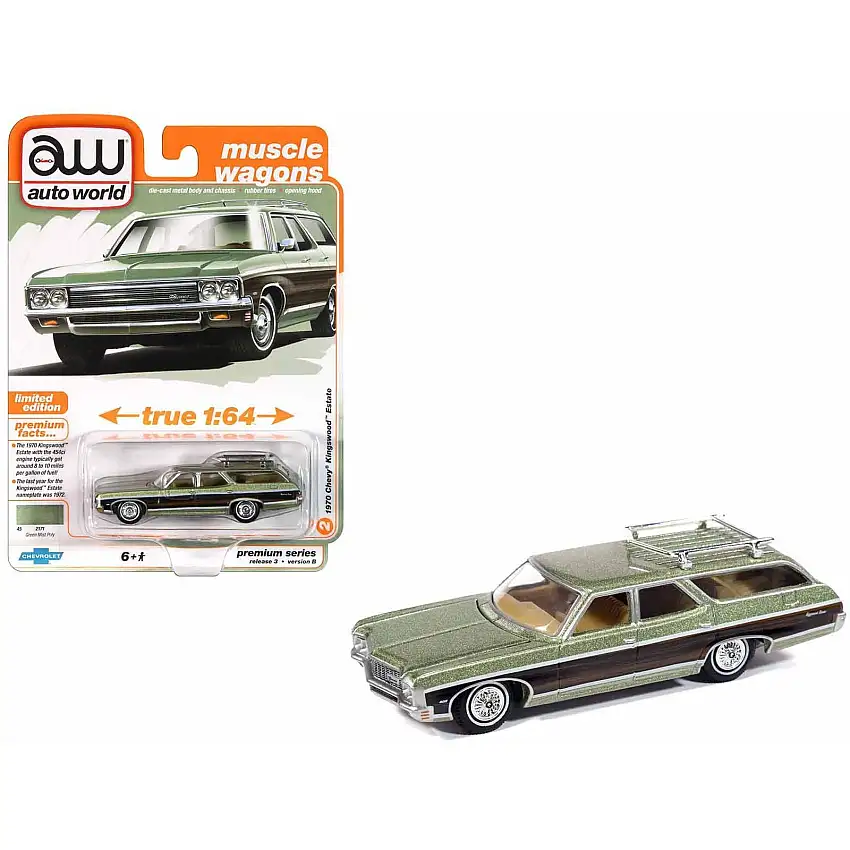 1970 Chevrolet Kingswood Estate Wagon Green Mist Metallic with Woodgrain Sides and Roof Rack "Muscle Wagons" Series 1/64 Diecast Model Car by Auto World