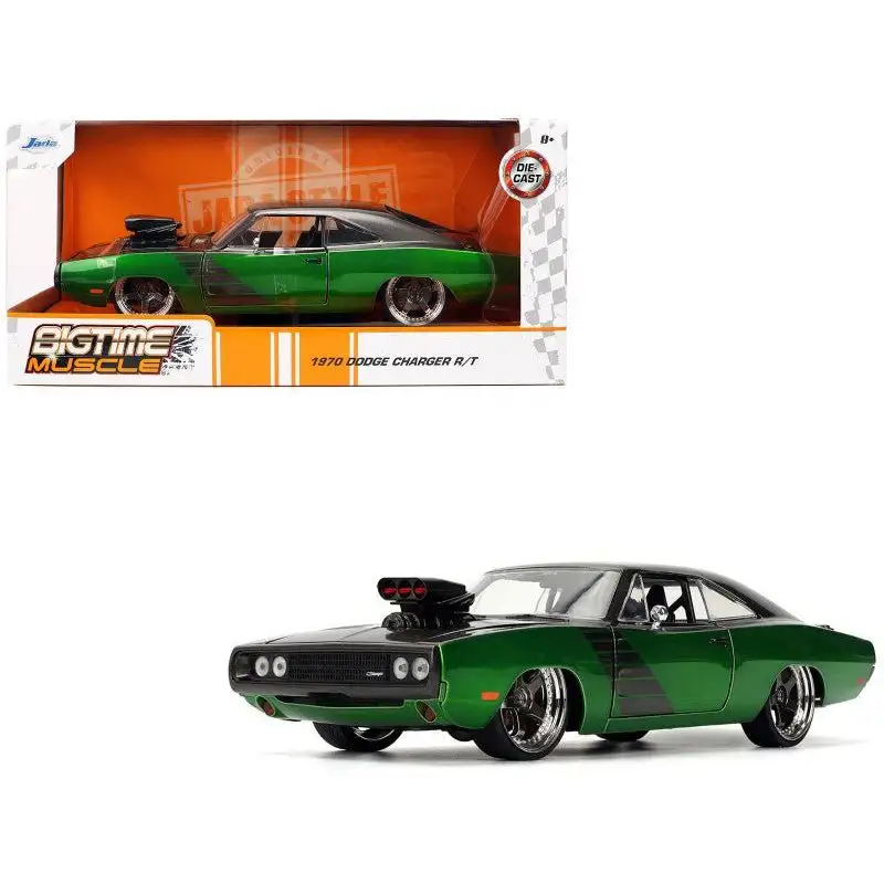 1970 Dodge Charger R/T Dark Gray Metallic and Green Metallic with Dark Gray Stripes "Bigtime Muscle" Series 1/24 Diecast Model Car by Jada