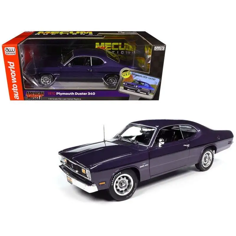1970 Plymouth Duster 340 Violet Metallic with Black Stripes "Mecum Auctions" "American Muscle" Series 1/18 Diecast Model Car by Auto World