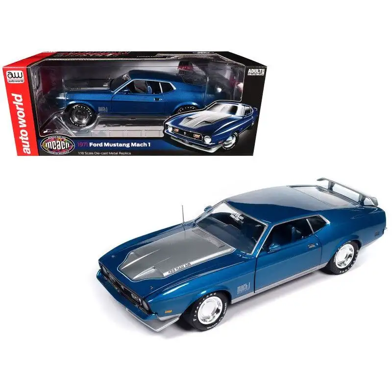 1971 Ford Mustang Mach 1 Blue Metallic with Silver Hood "Muscle Car & Corvette Nationals" (MCACN) "American Muscle" Series 1/18 Diecast Model Car by Auto World
