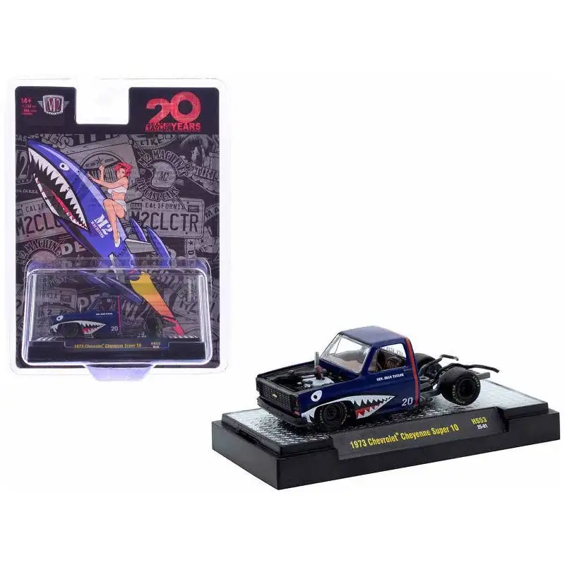 1973 Chevrolet Cheyenne Super 10 Bedless Truck Blue with Shark Mouth Graphics "20 Year Anniversary M2 Designer Sean Taylor" Limited Edition to 11726 pieces Worldwide 1/64 Diecast Model Car by M2 Machines