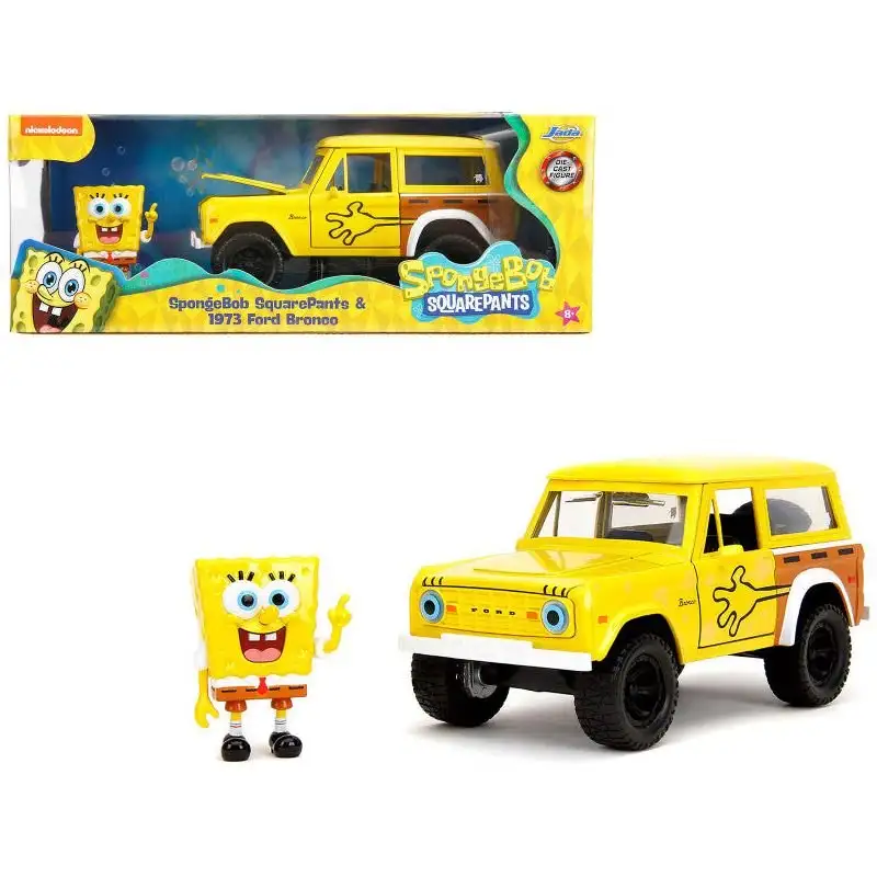 1973 Ford Bronco Yellow with Graphics and SpongeBob SquarePants Diecast Figure "SpongeBob SquarePants" (1999–Current) TV Series "Hollywood Rides" Series 1/24 Diecast Model Car by Jada