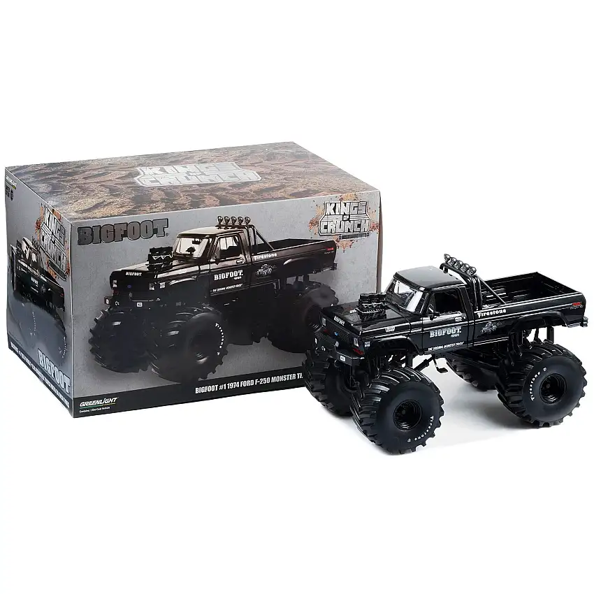 1974 Ford F-250 Monster Truck with 66-Inch Tires Black Bandit Edition "Bigfoot #1" "Kings of Crunch" Series 1/18 Diecast Model Car by Greenlight