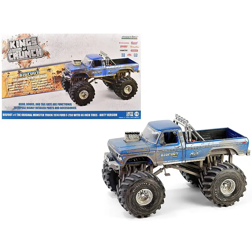 1974 Ford F-250 Monster Truck with 66-Inch Tires Blue "Bigfoot #1" (Dirty Version) "Kings of Crunch" Series 1/18 Diecast Model Car by Greenlight