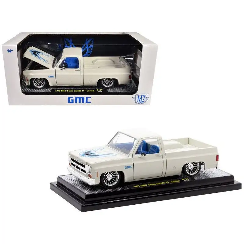1976 GMC Sierra Grande 15 Custom Pickup Truck Eggshell White with Hood Graphics and Blue Interior Limited Edition to 6650 pieces Worldwide 1/24 Diecast Model Car by M2 Machines