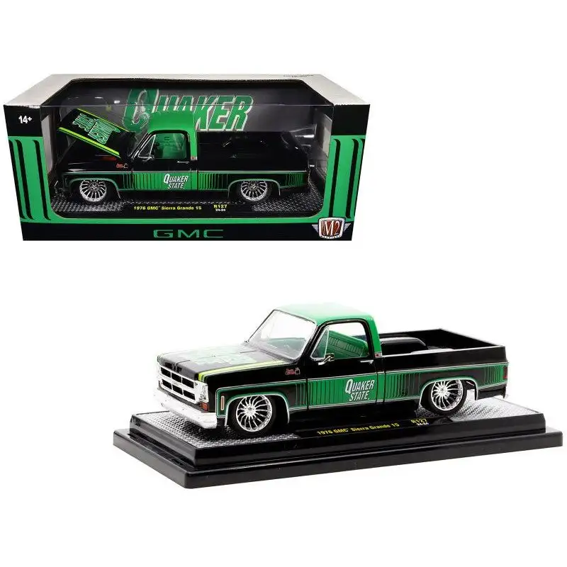 1976 GMC Sierra Grande 15 Pickup Truck "Quaker State" Black with Green Top Graphics and Interior Limited Edition to 6650 pieces Worldwide 1/24 Diecast Model Car by M2 Machines
