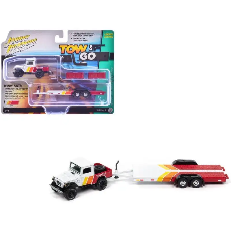 1980 Toyota Land Cruiser Pickup Truck White and Red with Stripes and Open Car Trailer Limited Edition "Tow & Go" Series 1/64 Diecast Model Car by Johnny Lightning