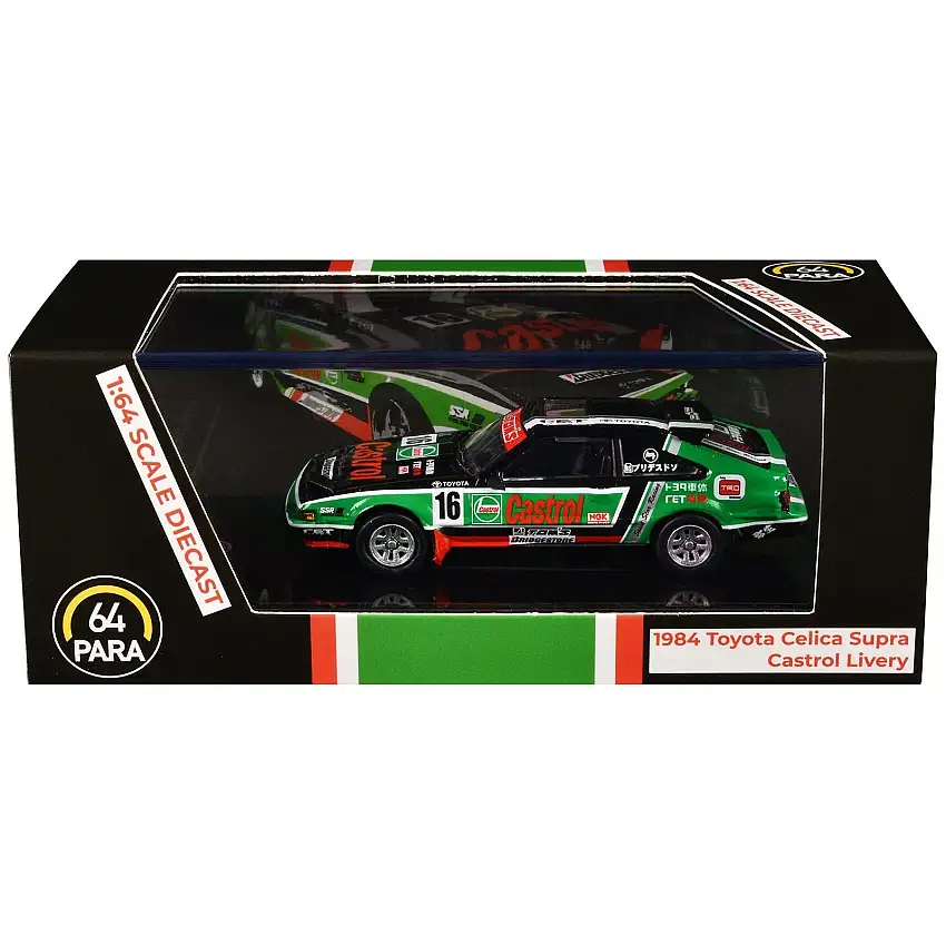1984 Toyota Celica Supra #16 "Castrol Livery" Black and Green with Graphics 1/64 Diecast Model Car by Paragon Models