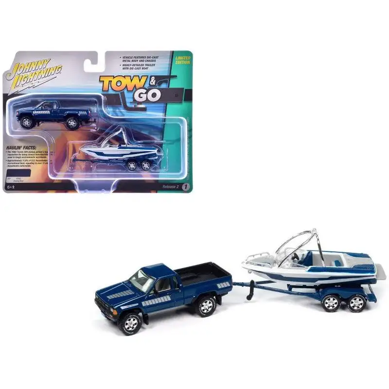 1985 Toyota SR5 Pickup Truck Dark Blue with Graphics and Boat with Trailer Limited Edition "Tow & Go" Series 1/64 Diecast Model Car by Johnny Lightning