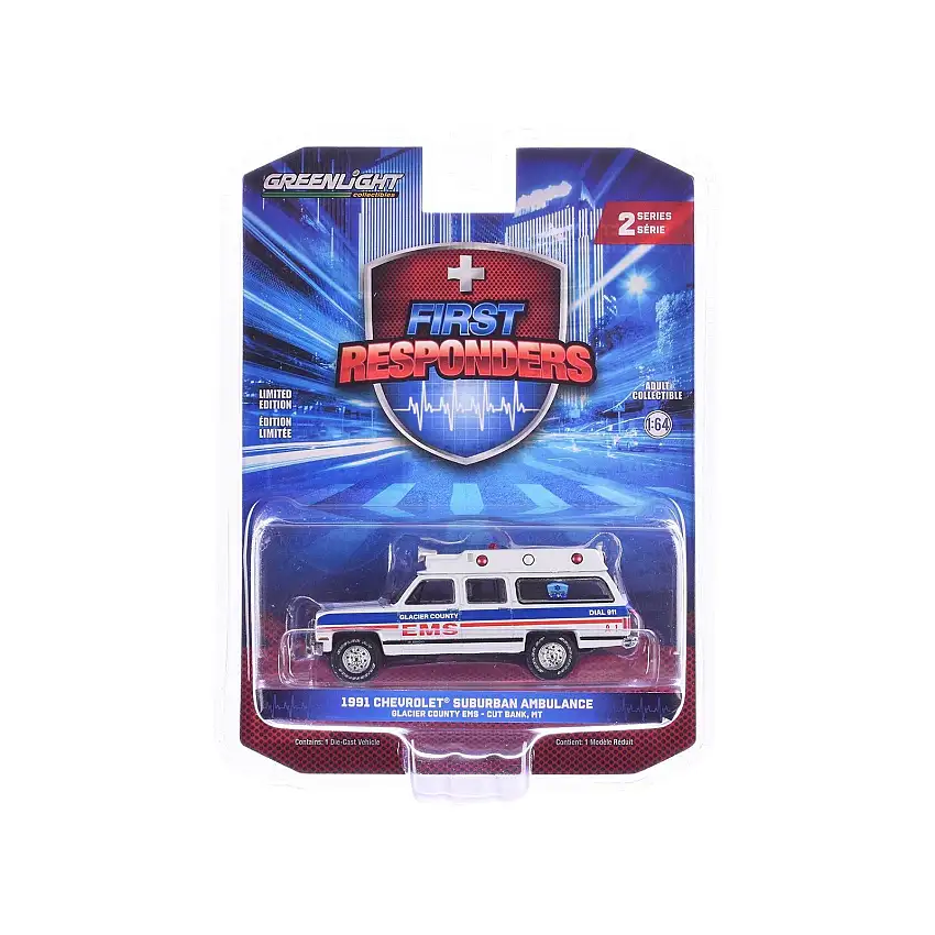 1991 Chevrolet Suburban Ambulance "Glacier County EMS - Cut Bank Montana" White with Blue and Red Stripes "First Responders" 1/64 Diecast Model Car by Greenlight