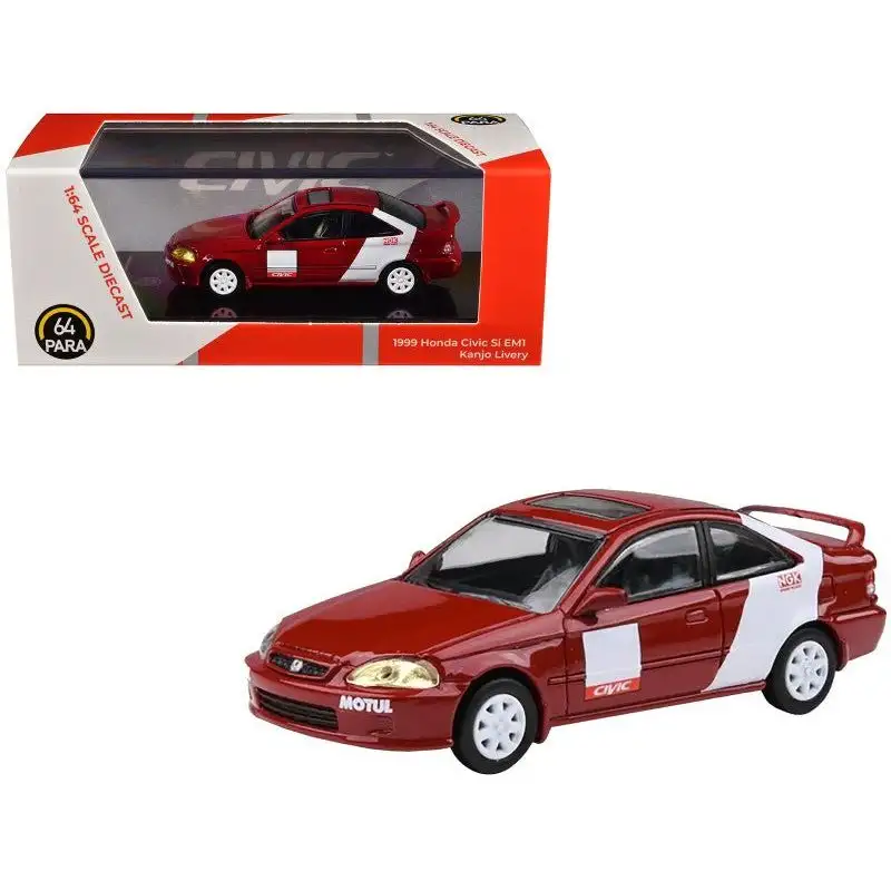 1999 Honda Civic Si EM1 "Kanjo Livery" Red with White Stripes 1/64 Diecast Model Car by Paragon Models