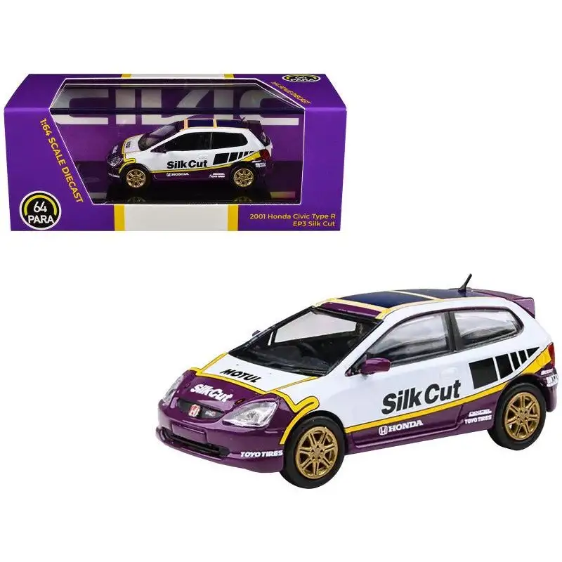 2001 Honda Civic Type R EP3 "Silk Cut" White and Purple with Graphics 1/64 Diecast Model Car by Paragon Models