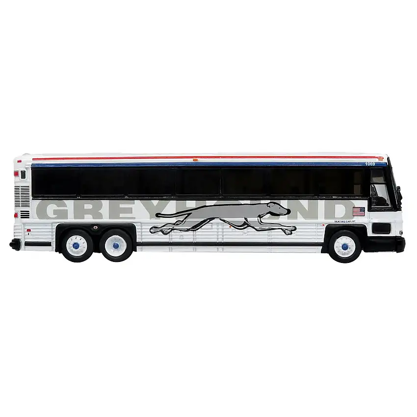 2001 MCI D4000 Coach Bus "Greyhound" White with Red and Blue Stripes "Vintage Bus & Motorcoach Collection" Limited Edition to 504 pieces Worldwide 1/87 (HO) Diecast Model by Iconic Replicas