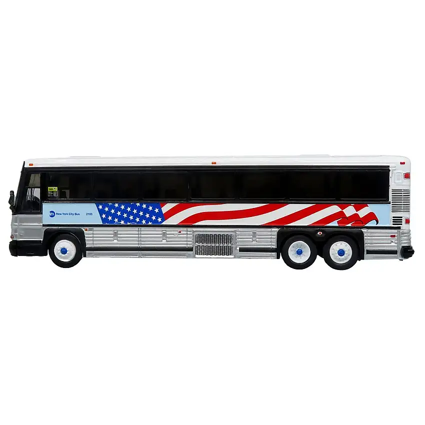 2001 MCI D4000 Coach Bus "MTA New York City - 9/11 Memorial" Silver and White with American Flag Graphics "Vintage Bus & Motorcoach Collection" Limited Edition to 504 pieces Worldwide 1/87 (HO) Diecast Model by Iconic Replicas
