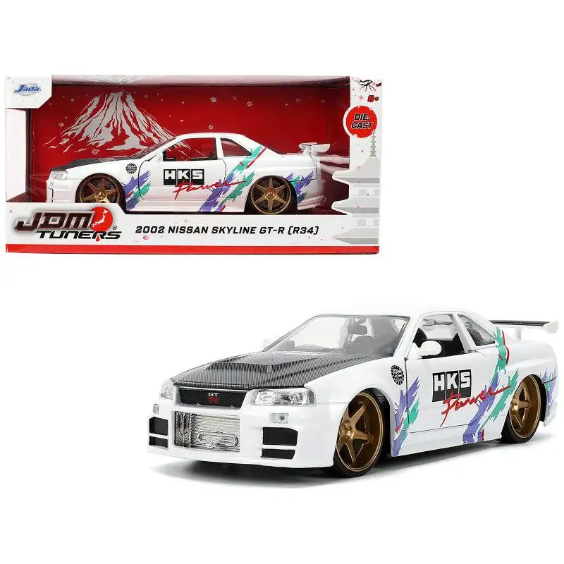 2002 Nissan Skyline GT-R (R34) RHD (Right Hand Drive) "HKS Power" White with Carbon Hood and Graphics "JDM Tuners" Series 1/24 Diecast Model Car by Jada