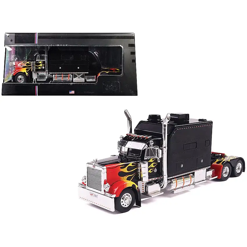 2002 Peterbilt 379 Custom Truck Tractor Black with Flame Graphics 1/43 Diecast Model by IXO Models