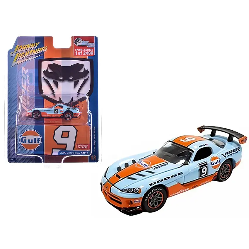 2008 Dodge Viper SRT10 #9 "Gulf Oil" Light Blue and Orange Limited Edition to 2496 pieces Worldwide 1/64 Diecast Model Car by Johnny Lightning