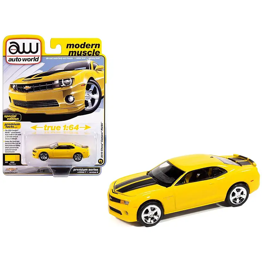 2010 Chevrolet Camaro RS/SS Rally Yellow with Black Stripes "Modern Muscle" Series 1/64 Diecast Model Car by Auto World
