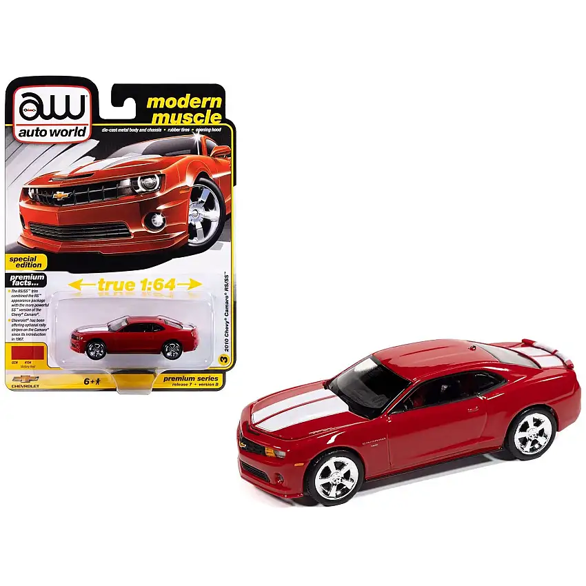 2010 Chevrolet Camaro RS/SS Victory Red with White Stripes "Modern Muscle" Series 1/64 Diecast Model Car by Auto World