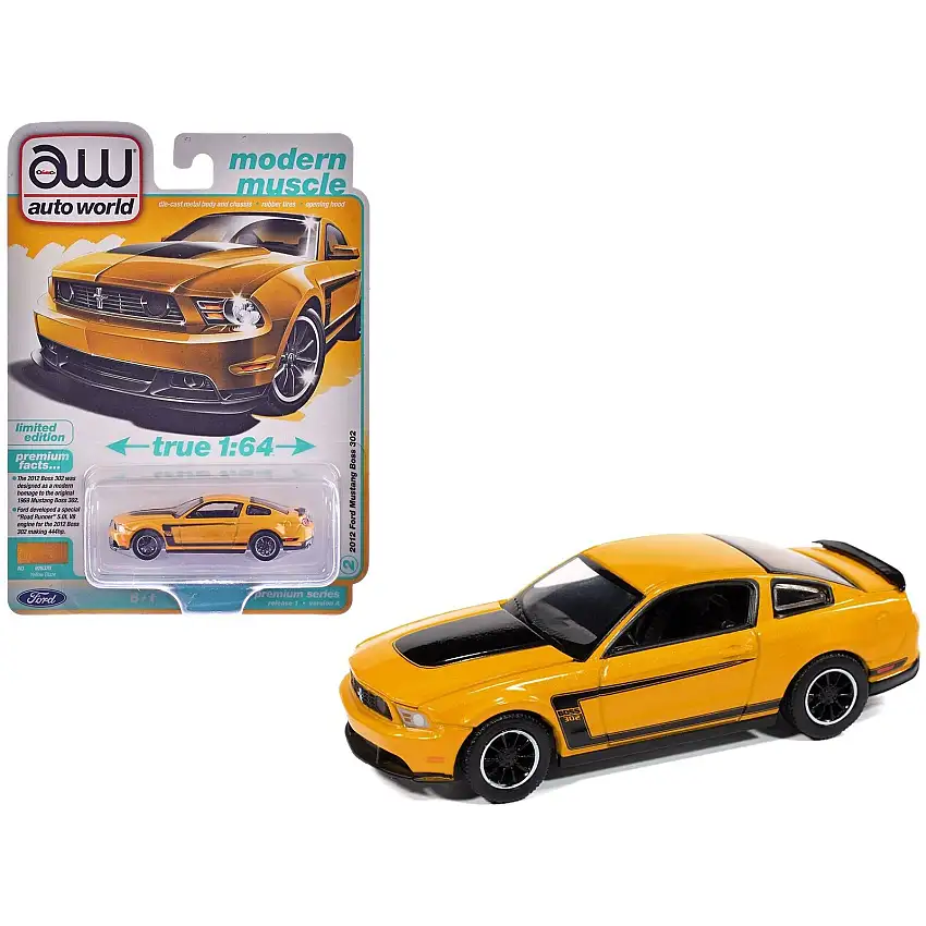 2012 Ford Mustang Boss 302 Yellow Blaze with Black Accents "Modern Muscle" Series 1/64 Diecast Model Car by Auto World