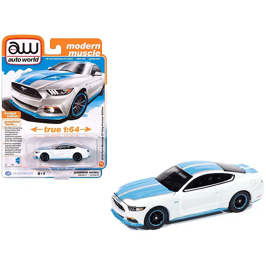 2016 Ford Mustang GT King Premier Edition "Petty's Garage" Oxford White with Petty Blue Stripes "Modern Muscle" Series 1/64 Diecast Model Car by Auto World